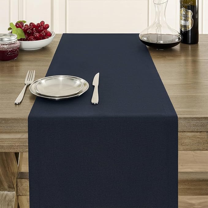 ZeeMart Basic Linen Style Table Runner, 14x60 Inch Dark Navy | Mitered Corner Design, Medium Weight Fabric, Rustic Farmhouse Style, Machine Washable Easy Care Everyday Table Scarf