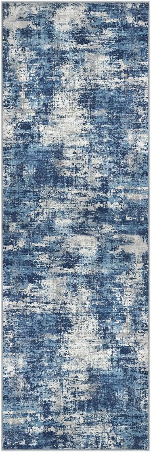 Lansny Abstract Washable 2x6 Hallway Runner Rug Non Slip Kitchen Runner | Blue;Thin Printed Faux Wool Rug Runners;Entryway Runner Indoor;Rubber Backed 6ft Carpet Runners for Hall;Bedroom Runner
