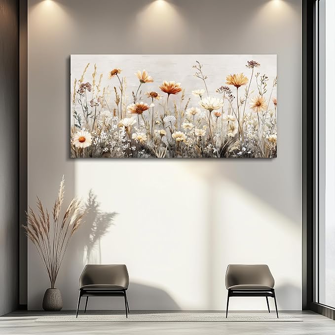 QIYILEXWART Large Wall Decor For Living Room Canvas Wall Art For Office Modern Wall Decorations For Bedroom Neutral Wildflower Landscape Painting Farmhouse Pictures Artwork Home Decor 24x48