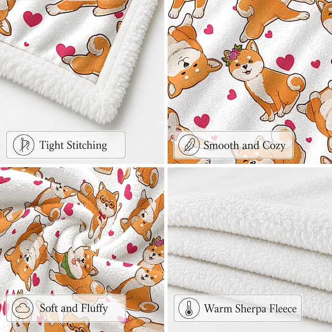 BlessLiving Throw Blanket, White Dog Pink Animal, 50x60 in | sherpa fleece fabric, Shiba Dense Pet Blankets Kawaii Puppy print, for couch or sofa, pet lovers, easy machine care