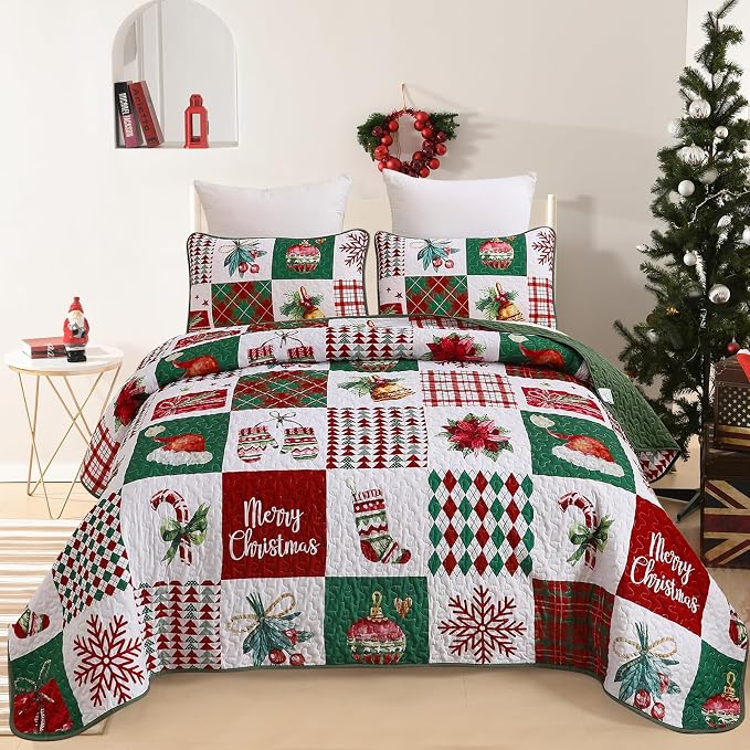 Mybedsoul Christmas Quilt Set King Size, Christmas Patchwork Bedding Set | 3 Pieces Snowflake Wreaths Pine Holiday, Red Vanilla Grid Coverlet Bedspread Coverlet with 2 Pillowcases for All Seasons