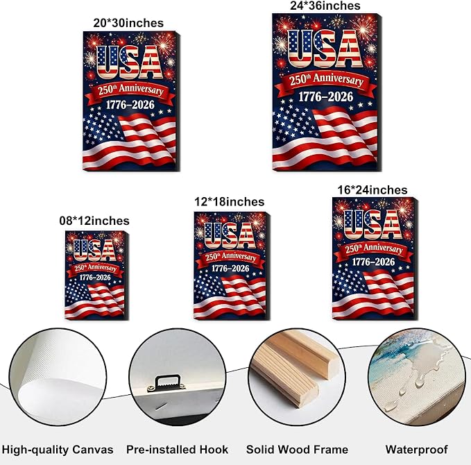 USA 250th Anniversary 1776-2026 Canvas Wall Decor, Patriotic Fireworks American Flag Wall Art, Independence Day Framed Canvas Prints for Home & Holiday Decoration, Made in USA