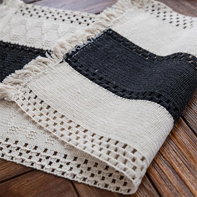 Macrame Table Runner Beige and Black Boho Runners with Tassels 12x108in | Alynsehom Hand Woven Cotton Table Runner Rustic Farmhouse Table Runners for Bohemian Kitchen Dining Table