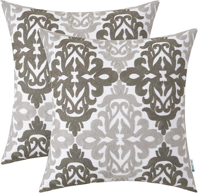 HWY 50 Gray Grey Decorative Throw Pillow Covers 18x18 Inch, Pack of 2 Embroidered Cotton Farmhouse Cushion Cover Pillow Case for Sofa Couch Living Room Bed Bedroon, Accent Geometric
