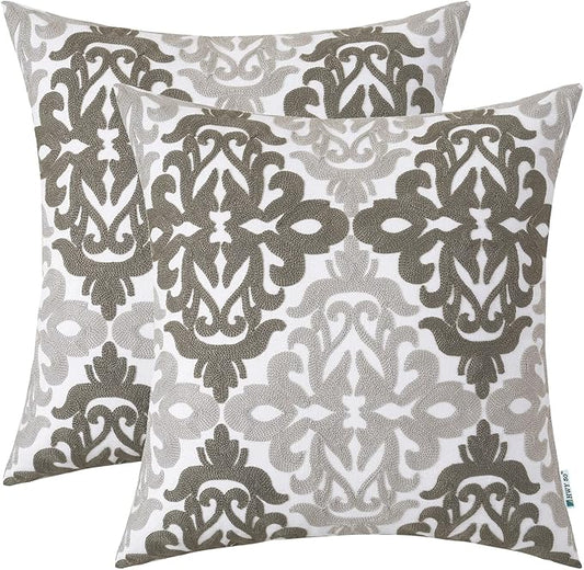 Grey Embroidered Cotton Throw Pillow Covers 18x18 Inch Set of 2