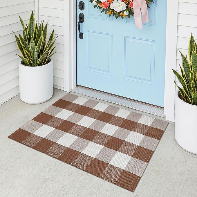KOZYFLY Buffalo Plaid Area Rugs 2x3 Ft Brown and White Rug Front Door Mat | Washable Front Door Mat, Woven Cotton Outdoor Rug, Indoor Small Checkered Rug for Front Porch Kitchen Entryway Patio