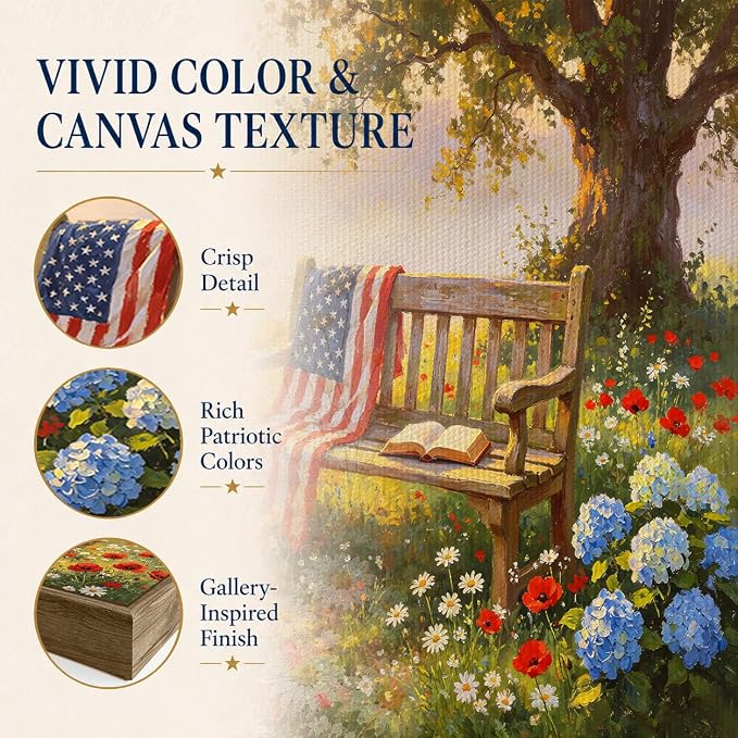 American Flag Framed Canvas Wall Art, 4th of July Patriotic Canvas Prints | Wildflower Landscape Poster Print, Vintage Rustic Independence Day Wall Decor for Bedroom Living Room Office 8×10in