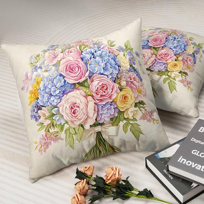 Spring Summer Floral Pillow Covers 22x22 Pink Rose Blue Hydrangea Throw Pillow Covers Exquisite Bouquet Pillow Case Flowers Cushion Case for Living Room Couch Sofa 2 Pack