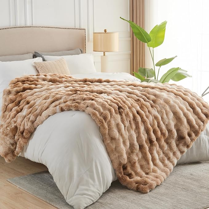 NEWCOSPLAY Faux Fur Bubble Twin Blanket for Couch, Tie-Dye Beige, 60"x80" | Fluffy Soft Thick Warm Bubble Blanket for Couch Sofa Bed 700GSM, Plush Cozy Luxury Decorative Throw, Gift for Women Men