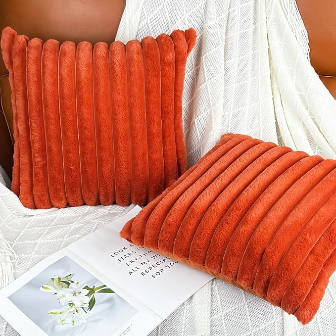 COTEY 20x20 Decorative Faux Fur Throw Pillow Covers Set of 2- Burnt Orange