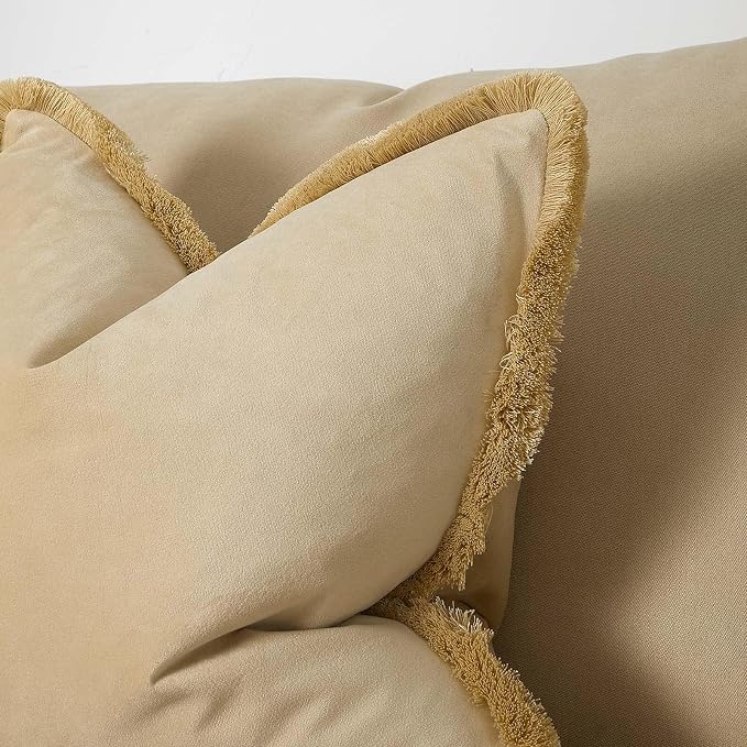 JUSPURBET Pack of 2 Khaki Decorative Fringe Velvet Throw Pillow Covers 26x26 for Home Decor Living Room Bedroom Car Boho Soft Cushion Cover with Hidden Zipper Machine Washable
