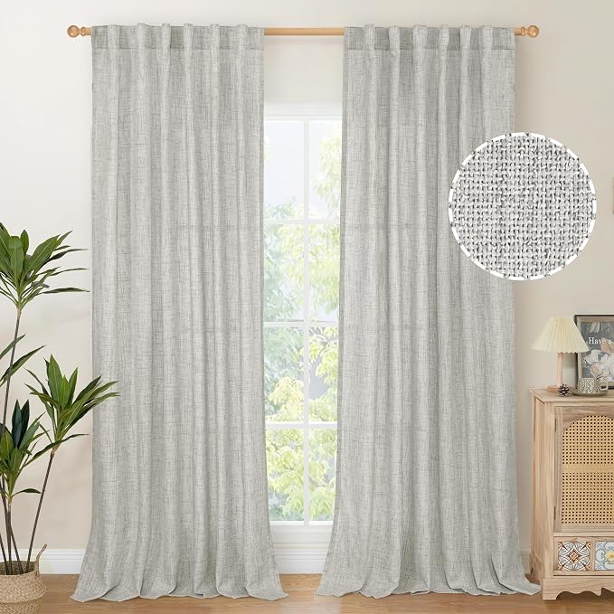 YoungsTex Linen Curtains 95 Inches Long for Living Room Light Filtering | Light Grey Semi Sheer Drapes with Rod Pocket Back Tab for Dining Bedroom Window Floor Length, 52 X 95 Inch, 2 Panels