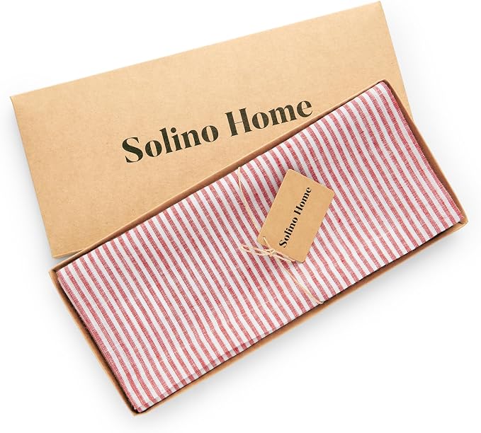 Solino Home 100% Pure Linen Table Runner, 14 x 72 in, Red and White Striped | Narrow Stripe, a graceful centrepiece for dining and gatherings, woven stripe, European flax fibres, soft, OEKO-TEX Certified