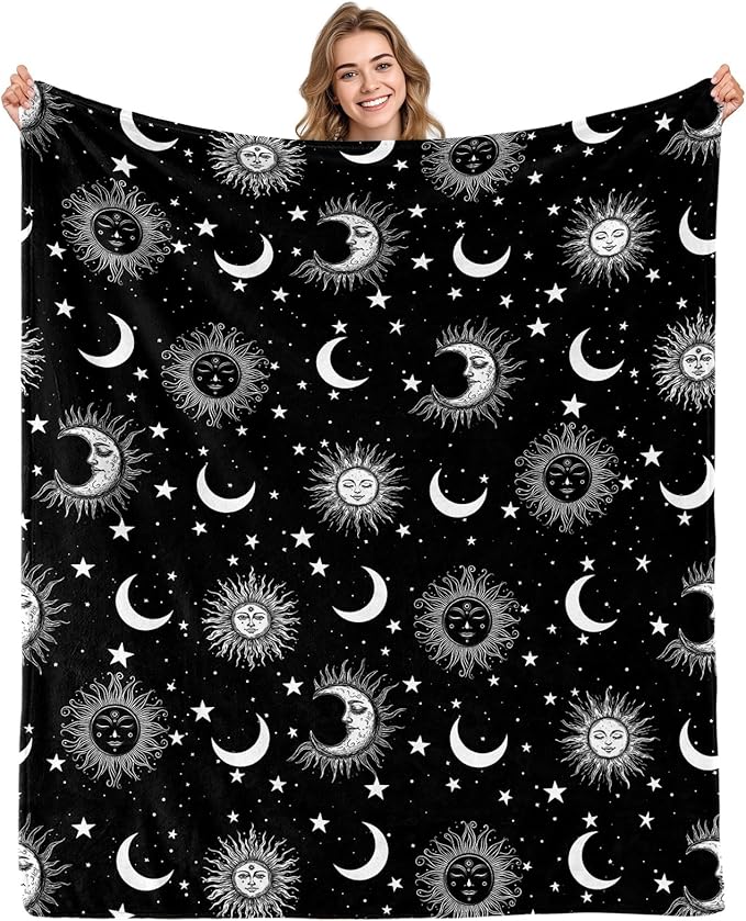 Celestial Blanket Witchy Star Sun and Moon Blankets Soft Flannel 50X60 Inch | Gothic Crescent Moon Throw Gifts for Girls Boys Women Men Whimsy Goth Decor Mystical Astrology Witchy Room Decor Sofa Bed