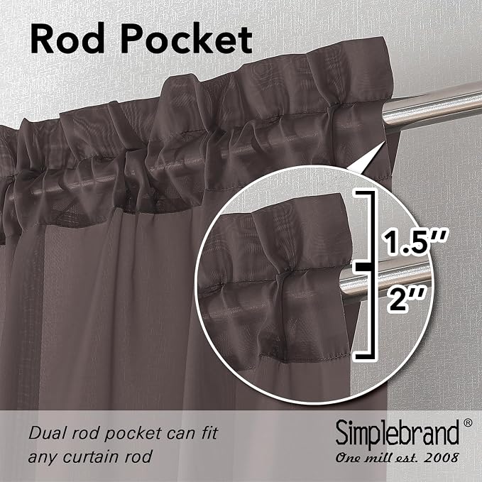 Simplebrand Chocolate Sheer Curtains 96 Inches Long, Light Filtering Rod Pocket Solid Color Window Sheer Curtain Panels, Elegant Curtains & Drapes for Living Room, Bedroom 2 Panels, 42" W x 96" L
