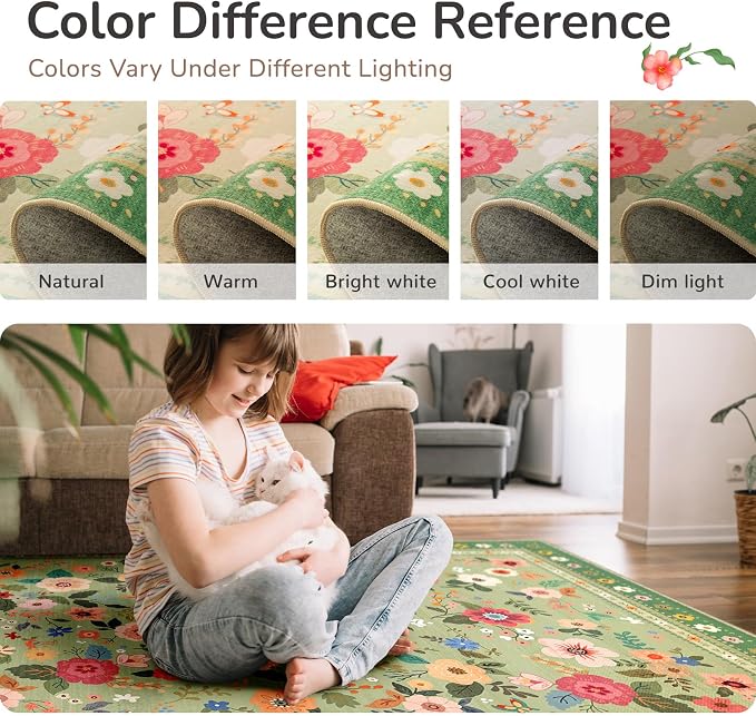 Washable Floral Area Rug for Living Room 2x3 Light Green | Non-Slip，Vacuum-Friendly, Low Pile, Flower Carpet for Bedroom Kitchen Entryway Dining Room Office Nursery