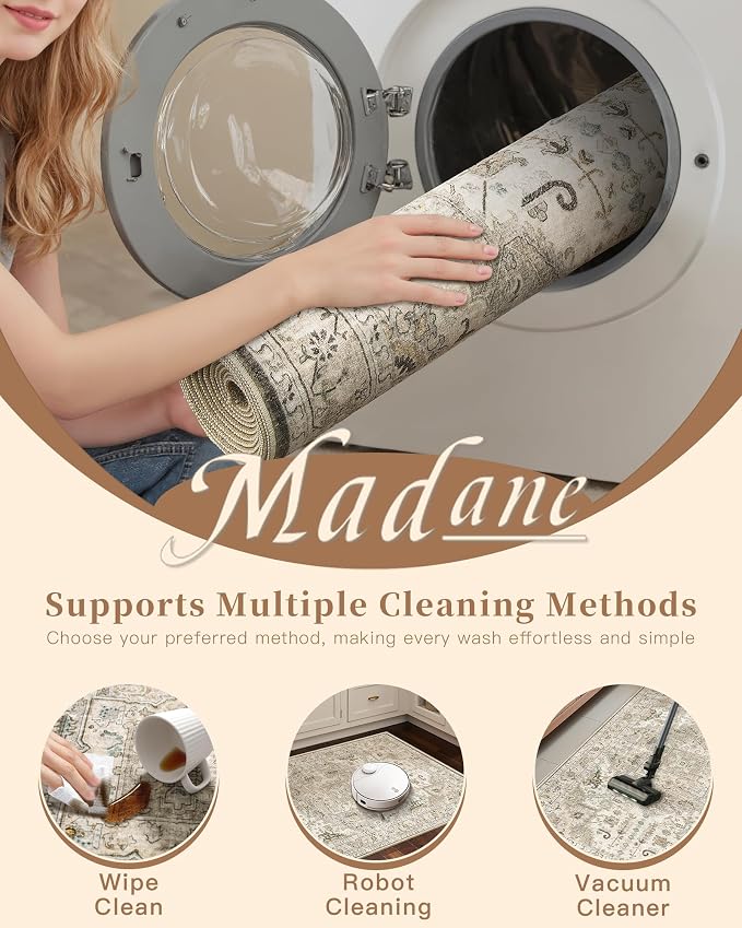 Madane Kitchen Runner Rug 2x7 with Rubber Backing Non Slip, Ivory/Brown | Vintage Ultra-Thin Machine Washable Hallway Rugs 7 ft, Soft Low-Pile Throw Carpet Runners for Bedroom Bathroom Laundry Room