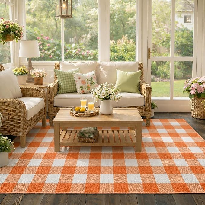 Buffalo Plaid Area Rug, Checkered Rug 3x5 Ft, Orange and White Rug, Washable Cotton Mat for Front Porch, Entryway, Kitchen, Living Room, Fall Decor