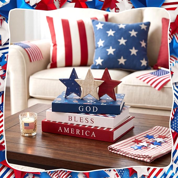 Thyle 4th of July Fake Decorative Books Wooden Star Table Signs Faux Stars Patriotic Decor for Independence Day 250th Anniversary Party Office Home Shelf Table Decor, 11 /9.9 / 9.1 Inch