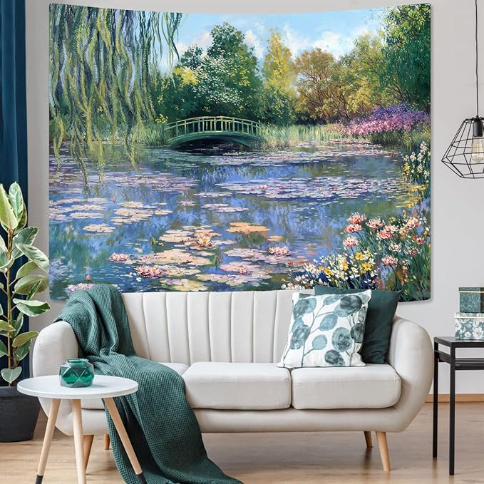 Accnicc Monet Water Lilies Tapestry Green Floral Plant Tapestries Aesthetic Monet Wall Art Posters Nature Flower Garden Landscape Small Tapestrys for Bedroom Living Room Dorm 60 x 44 Inch