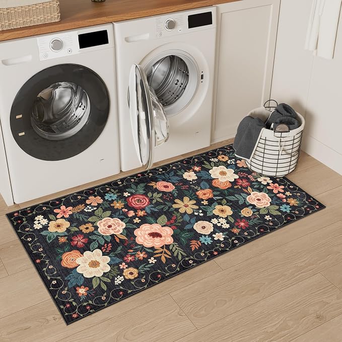 DUKINO 2x4 Entryway Rug, Floral Washable Kitchen Rugs Non Slip, Black | Low Pile, Soft Indoor Runner Rug for Hallway, Bedroom, Bathroom, Laundry, Pet Friendly, Modern Home Decor, Stain Resistant