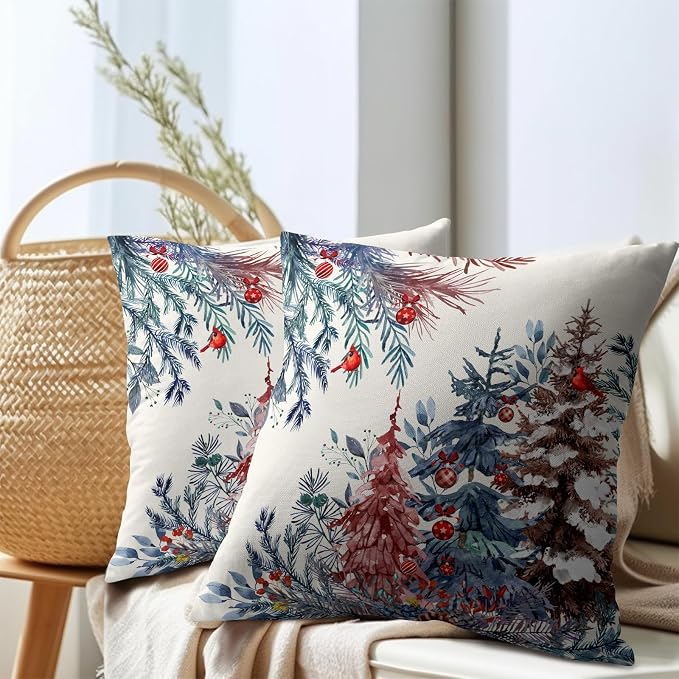 Christmas Tree Throw Pillow Covers 16x16 Inch Set of 2 Winter Watercolor Pine Trees Red Berry Bells Birds Decorative Pillowcase Xmas Holiday Cotton Linen Cushion Cover for Home Sofa Couch Patio