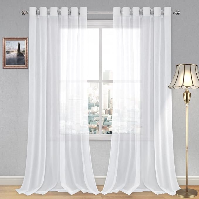 DWCN White Sheer Curtains, Linen Look Semi Transparent Voile Grommet Top Solid Lightweight & Airy Gauzy Curtains & Drapes for Living Dining Room Drapes W70 x L102 Inch Long, Set of 2 Panels