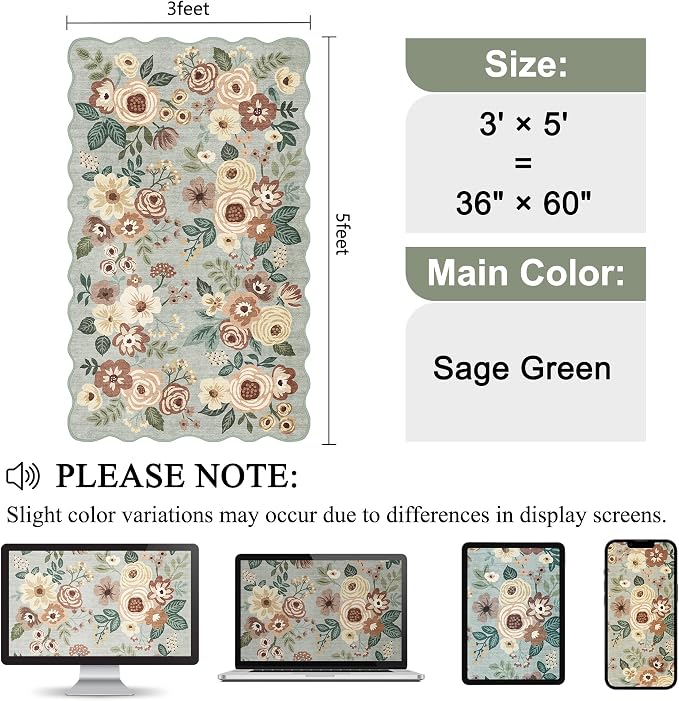 DUKINO 3x5 Area Rugs, Non Slip Floral Washable Rug for Bedroom, Sage Green | Soft, Low Pile, Non-Shedding Throw Rugs for Living Room, Entryway, Kitchen, Kids Room, Pet Friendly, Home Decor, Lightweight