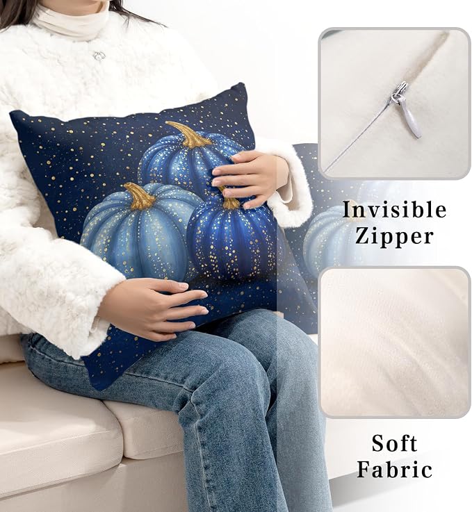 Fall Pillow Covers Autumn Blue Pumpkin Throw Pillow Covers 24x24 Set of 2 Thanksgiving Pillow Cases Harvest Gold Dotted Pumpkins Cushion Cases for Home Farmhouse Sofa Couch