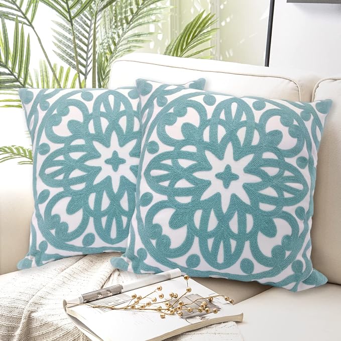 Alysheer Embroidered Decorative Throw Pillow Covers 18"x18" Set of 2 Pieces, Boho Mandala Classic Chic Pattern, Durable 100% Cotton Canvas Cushion Cases for Sofa Couch Living Room(Dusty Aqua Blue)