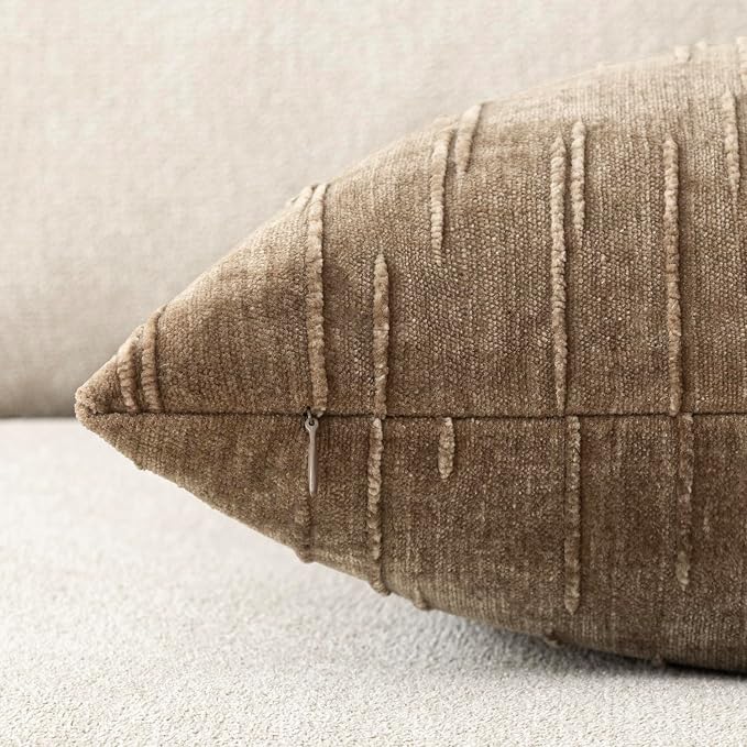 Foindtower Pack of 2 Slubby Textured Chenille Throw Decorative Pillow Covers Square Accent Solid Cushion Cover Cozy Neutral Farmhouse Pillow Case for Couch Sofa Bedroom Living Room 24x24 Inch,Brown