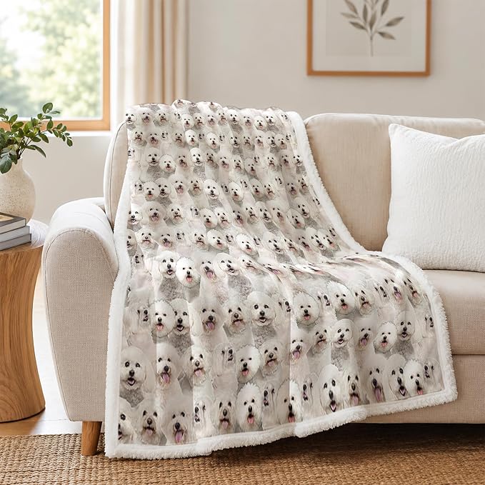 BlessLiving Throw Blanket, White Dog Animal Gift, 60x80 in | sherpa fleece fabric, Bichon Frise Dense Pet Blankets Puppy print, for couch or sofa, pet lovers, easy machine care
