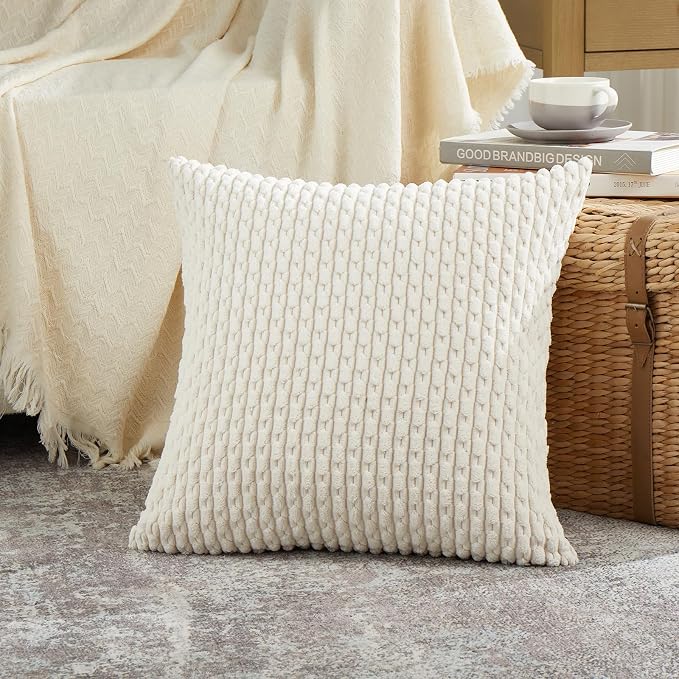 Fancy Homi 2 Packs Cream White Decorative Throw Pillow Covers 16x16 Inch for Couch Bed Sofa, Modern Farmhouse Boho Home Decor, Soft Cute Plush Corduroy Cushion Case 40x40 CM