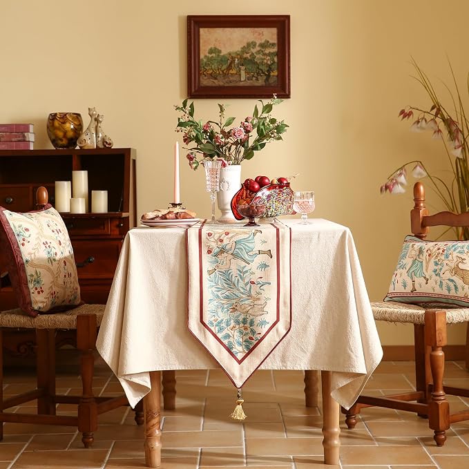 patdrea Designer Idyll Linen Table Runner, Vintage Beige Farmhouse with Ancient Spring Figure and Animal Pattern Table Mat, Decoration for Kitchen Dining Banquet Christmas ,12"*87"
