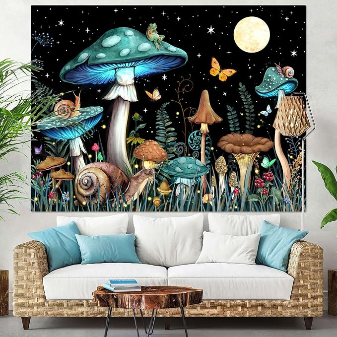 Zussun Teal Mushroom Tapestry Moon Star Tapestries for Bedroom Aesthetic Starry Night Green Plant Tapastrys Wall Hanging Butterfly Snail Frog Wall Tapestry for Living Room Dorm (Green, 60" x 44")