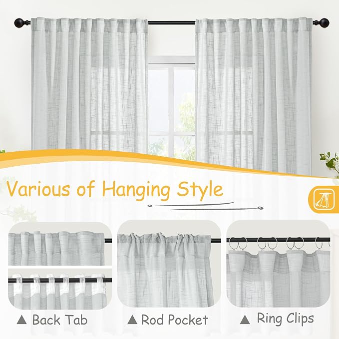 Light Grey Linen Semi Sheer Curtains 52 X 84 Inch Length for Living Room | Light Filtering Drapes Textured with Rod Pocket Back Tab for Dining Bedroom, 2 Panels
