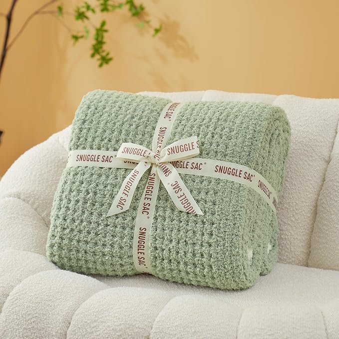 Snuggle Sac Sage Green Waffle Throw Blanket for Couch Bed Sofa 60x80 inches, Reversible Sage Green Blanket Microfiber Fluffy Fuzzy Cozy Knit Twin Blanket for Women Mothers Birthday Gifts