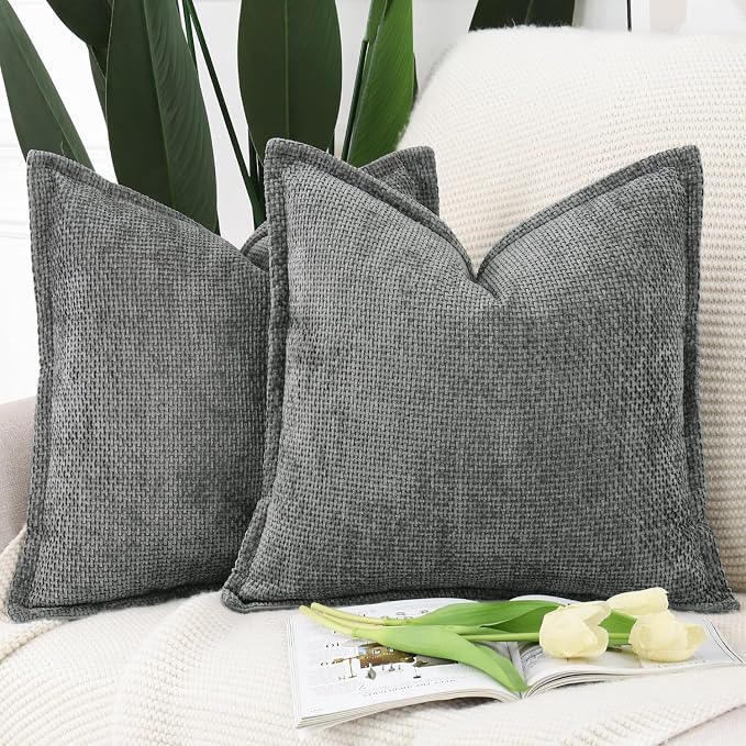 MADIZZ Decorative Chenille Velvet Throw Pillow Covers Set of 2 Soft Boho Textured Neutral Couch Throw Pillow for Bed Modern Farmhouse Home Decor for Sofa Livingroom Dark Grey 24x24 Inch Euro Sham