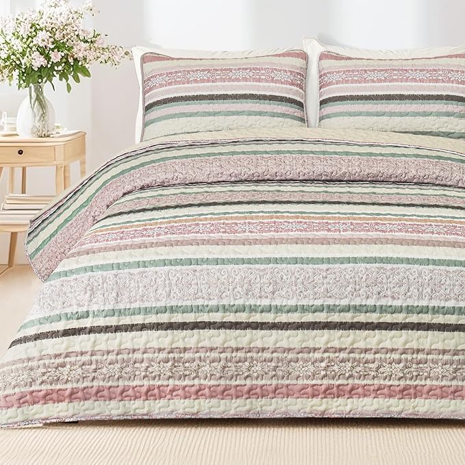 Exclusivo Mezcla Reversible Boho Quilt King Size Pink | Lightweight Soft Bedspreads, All Season Striped Coverlet Bedding Set, Printed Floral Pattern, 1 Quilt and 2 Pillow Shams