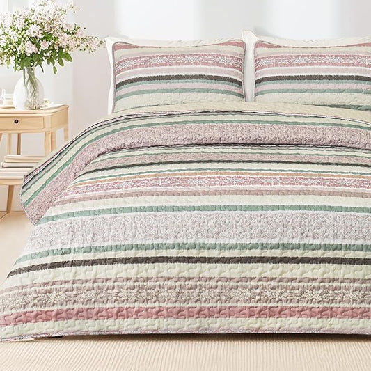Exclusivo Mezcla Reversible Boho Quilt King Size Pink | Lightweight Soft Bedspreads, All Season Striped Coverlet Bedding Set, Printed Floral Pattern, 1 Quilt and 2 Pillow Shams