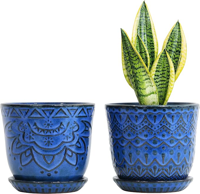 Gepege Ceramic Plant Pots, 6 Inch Indoor Planters with Drainage & Saucers | Ceramic pots for plants with drainage holes, ceramic saucers and mesh pads, ideal for flowers, herbs and succulents, set of 2