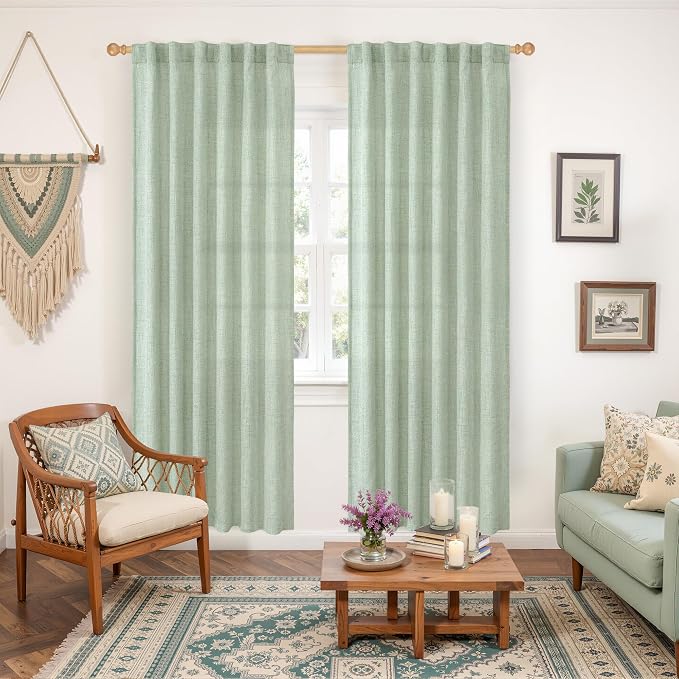 YoungsTex Sage Green Linen Curtains 78 Inches Long for Living Room Spring Decor, Semi Sheer Window Drapes Light Filtering with Rod Pocket Back Tab for Office Bedroom, 2 Panels, 52 X 78 Inch