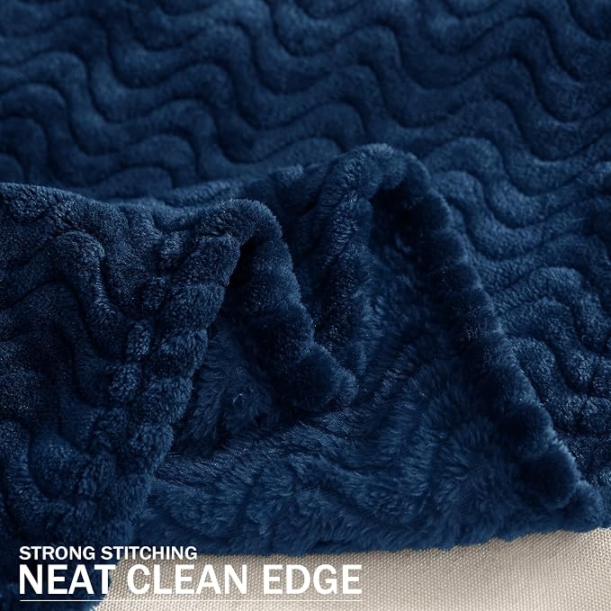 Exclusivo Mezcla Soft Fleece Blanket King Size, Cozy Lightweight Blankets with Decorative Wave Textured Suitable for All Season Use, Navy Blue, 90x104 Inches | 90"x104" Breathable Lightweight Flannel Blanket for Summer, Plush Cozy Jacquard Wave for Hom...