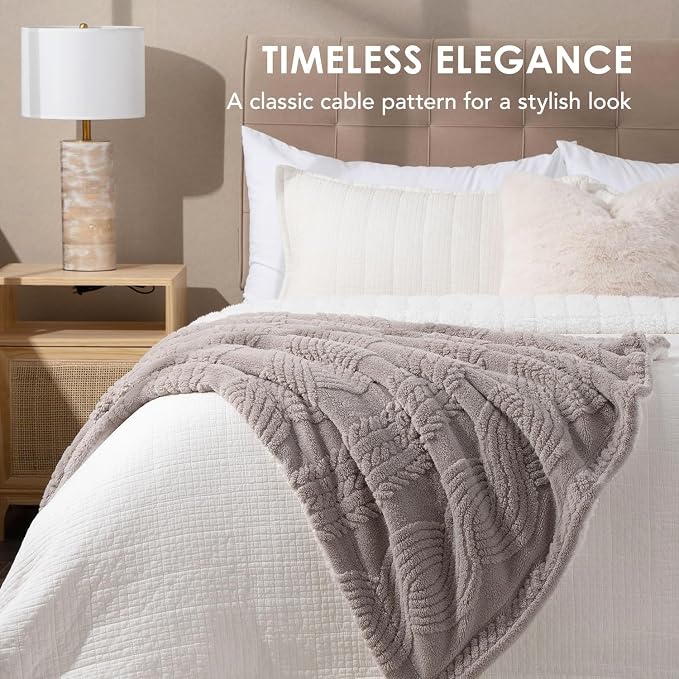 EverGrace Jacquard Reversible Sherpa Throw Blanket, 50" x 60", Silver Gray | Jacquard Sherpa Throw Blanket, Super Soft, Cozy Plush Blanket, Reversible Thick Warm Throw for Bed, Sofa, Living Room
