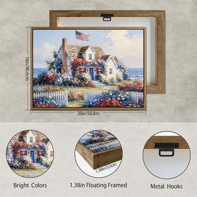 American Flag Framed Canvas Wall Art, 4th of July Patriotic Canvas Prints | Summer Cottage Landscape Poster Print, Vintage Independence Day Wall Decor for Bedroom Living Room Office 16×20in