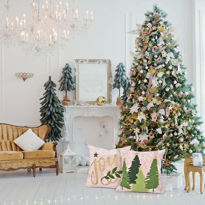 Christmas Tree Pillow Covers 18x18, Embroidered Velvet Christmas Throw Pillow Covers Christmas Decorations Holiday Pillows for Home Couch,Pink Blush/Green