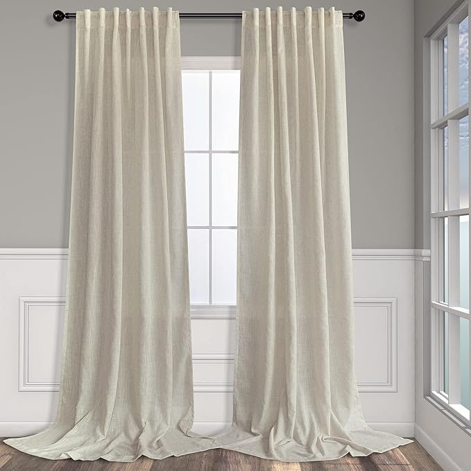 Flax Linen Curtains 84 Inch Length for Bedroom 2 Panels Back Tab Pocket Light Filtering Simple Canvas Cloth Look Semi Sheer Beige Curtains for Living Room Dining Burlap Sand Beach Decor 52x84 Long Tan