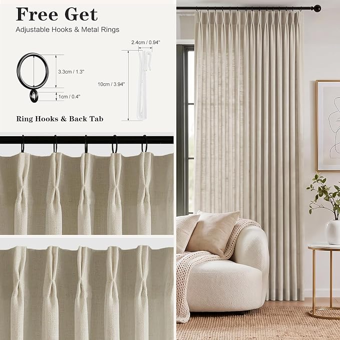 Birch Pinch Pleated Sheer Linen Blend Curtains 96 Inch for Living Room | Light Filtering Semi Sheer, Pinch Pleat, Hook Rings, Non See Through, Memory Shape, W40xL96, 2 Panels, Burlywood Birch