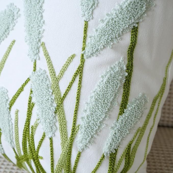 vctops Farmhouse Pampas Grass Cotton Tufted Throw Pillow Cover Boho Embroidery Pillowcase Soft Square Cushion Case for Sofa Couch Bed Chair (Light Green,18"x18")