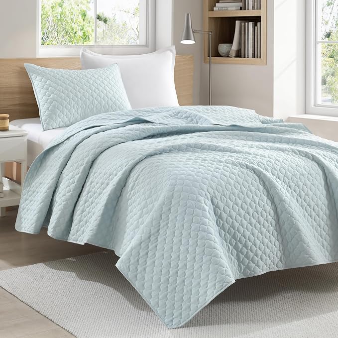 HORIMOTE HOME Quilt Twin Size Aqua Blue, Lightweight Quilt for Summer Ultra-Soft Microfiber Modern Style Quilted Clouds Pattern Bedspread Quit Set 2 Pieces (1 Quilt and 1 Pillow Sham)